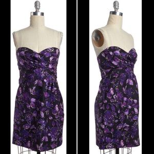Tibi black and purple floral strapless dress
